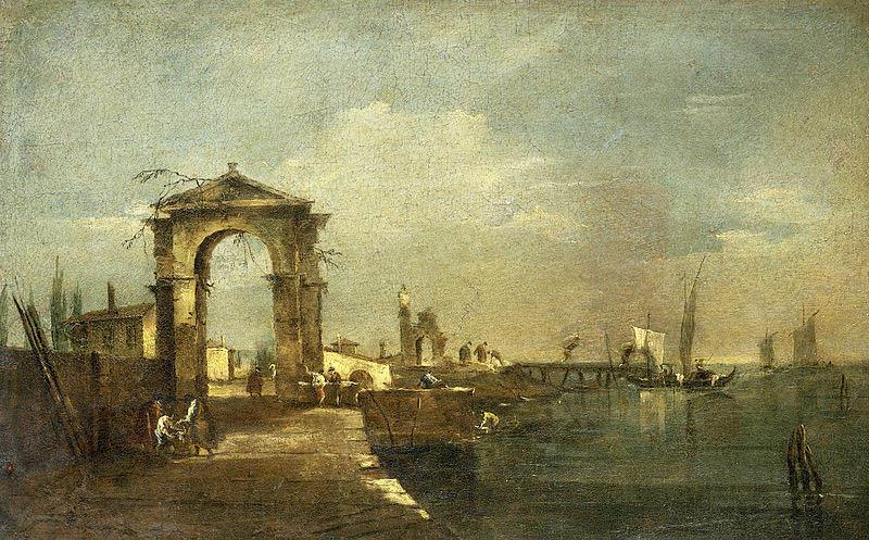 Francesco Guardi Landschap met een kade en schepen op een meer